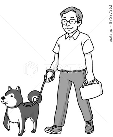 柴犬と散歩を楽しむおじいちゃんの手書き風白黒イラスト 87587562