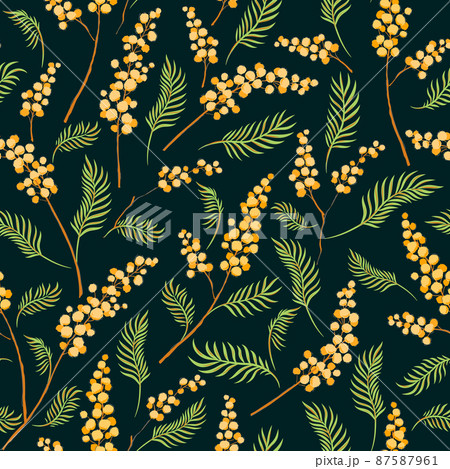 Mimosa yellow flower branches hand drawn vector seamless pattern. Vintage Romantic Spring Garden Bloom background. Retro floral print for Easter spring design.  87587961