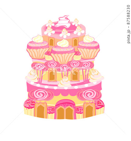 Multicolored cake castle art - isolated fairy tale illustration Multicolored cake castle art - isolated fairy tale illustration 87588230