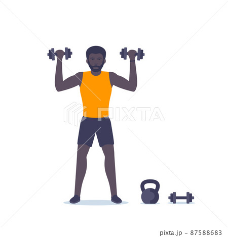 Man training shoulders, workout with dumbbells Man training shoulders, workout with dumbbells 87588683