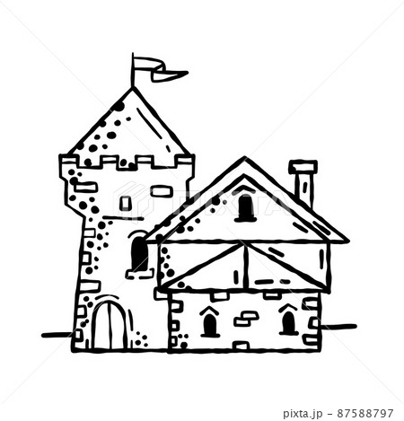 Medieval castle. Stone knight or royal fortress with tower. Military old fort. Sketch outline cartoon town 87588797