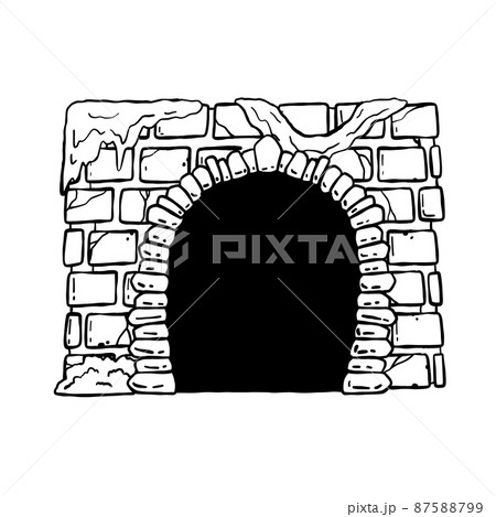 Door of castle. Entrance to fairy tale fortress or stone medieval old wall. Wooden open doorway. Cartoon hand drawn black and white illustration Door of castle. Entrance to fairy tale fortress or stone medieval old wall. Wooden open doorway. Cartoon hand drawn black and white illustration 87588799