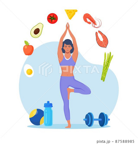 Diet plan. Slim woman doing  exercise and planning diet with fruit and vegetable. Girl doing yoga. Dietary eating, meal planning, nutrition consultation, healthy food, sport. Health lifestyle, fitness 87588985