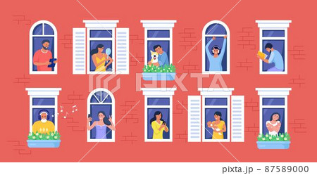 Outer wall of house with neighbors and dog at windows. Happy men and women look out of apartments reading, take photo, chatting with phone, hugging, listening music. Stay home, daily routine activity 87589000