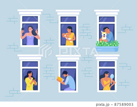 Outer wall of house with neighbors and dog at windows. Happy men and women look out of apartments reading, take photo, chatting with phone, hugging, holding child. Stay home, daily routine activity 87589003