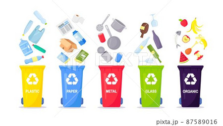Waste collection, segregation and recycling. Garbage separated into different types and collected into waste containers. Each bin for different material. Vector illustration 87589016