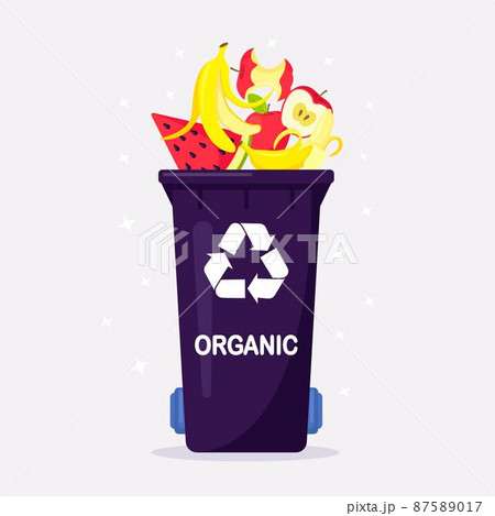 Trash can with organic waste suitable for recycling. Segregate waste, sorting garbage, waste management. Food waste in organic bin 87589017