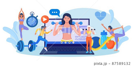 Online sport lesson and fitness course on laptop screen. Sportive Woman Training at Home with sport equipment. Cardio, yoga and bodybuilding classes. Trainer conducts strength training using website Online sport lesson and fitness course on laptop screen. Sportive Woman Training at Home with sport equipment. Cardio, yoga and bodybuilding classes. Trainer conducts strength training using website 87589132