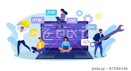 Developing programming and coding technologies and engineering development. Programmer or developer create code. Laptop screen with codes. Developer work with task, coding software using pc 87589146