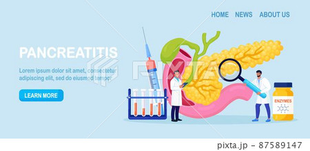 Pancreatitis concept. Gastroenterologist diagnose pancreas inflammation. Doctor examine patient. Digestive system disease treatment. Internal organs cancer 87589147