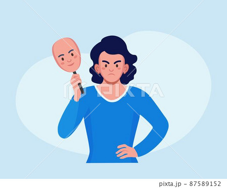 Sad woman holds face mask with happy mood. Person hiding true emotions, psychological problems. Fake feelings, mental disorder changing personality. Manic depression, bipolar illness Sad woman holds face mask with happy mood. Person hiding true emotions, psychological problems. Fake feelings, mental disorder changing personality. Manic depression, bipolar illness 87589152