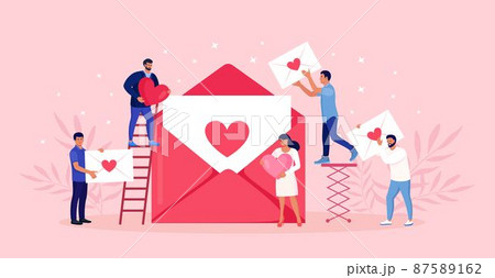 Tiny people send message with red heart. People stand near big envelope and put love letters in it. Happy Valentines day. Romantic email 87589162