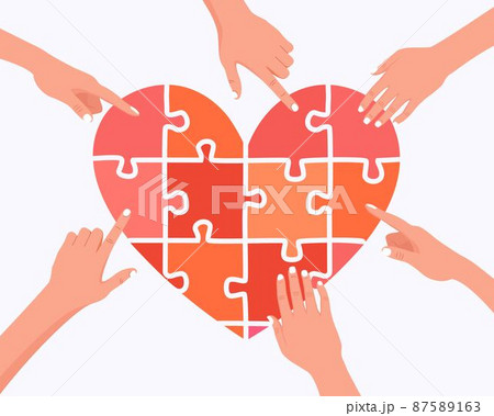 People hold big heart puzzle jigsaw symbol in hands. Charity and donation. Give and share your love to people. Group of volunteers in social benefit activity 87589163