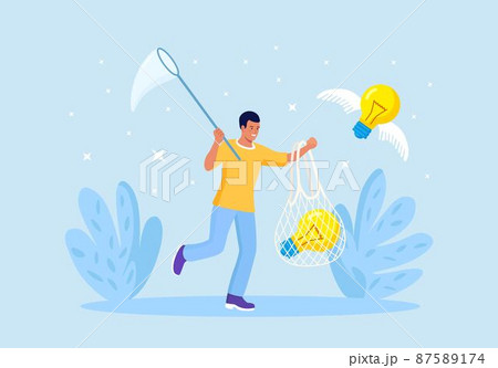 Businessman chasing and catch flying light bulb with butterfly net. Capture new business ideas, search for innovation or creativity, brainstorm or invent new project. Motivated employee seek solution 87589174