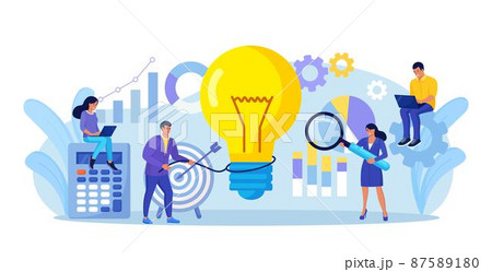 Businessman catches light bulb with lasso. Tiny people develop creative business idea, innovation project. Team analyzes brainstorming method. Businessmen solve problems, find solutions with teamwork 87589180