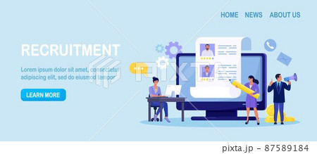 HR Managers Choosing Best Candidate for Job, Searching New Employee. Recruitment, Hiring Process. Online Job interview. Resume of Candidates on Computer Screen 87589184