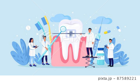 Doctors installing braces in orthodontic clinic. Dental doctor in uniform treating human teeth with braces. Prosthetics and dental care. Orthodontic treatment and cosmetic odontology 87589221