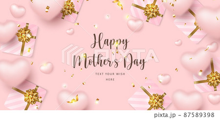Happy mother's day girlish pink love heart and present gift box with golden ribbon flower Happy mother's day girlish pink love heart and present gift box with golden ribbon flower 87589398