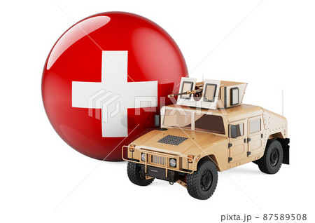 Military truck with Swiss flag. Combat defense of Switzerland, concept. 3D rendering Military truck with Swiss flag. Combat defense of Switzerland, concept. 3D rendering 87589508