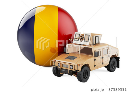 Military truck with Romanian flag. Combat defense of Romania, concept. 3D rendering Military truck with Romanian flag. Combat defense of Romania, concept. 3D rendering 87589551