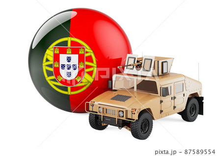Military truck with Portuguese flag. Combat defense of Portugal, concept. 3D rendering 87589554