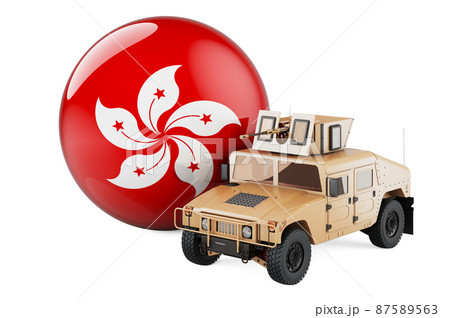 Military truck with Hong Kong flag. Combat defense of Hong Kong, concept. 3D rendering Military truck with Hong Kong flag. Combat defense of Hong Kong, concept. 3D rendering 87589563