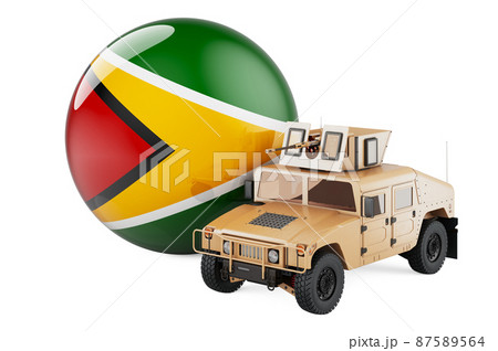 Military truck with Guyanese flag. Combat defense of Gayana, concept. 3D rendering Military truck with Guyanese flag. Combat defense of Gayana, concept. 3D rendering 87589564