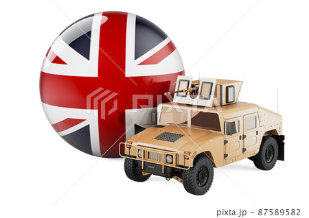 Military truck with British flag. Combat defense of the Great Britain, concept. 3D rendering 87589582
