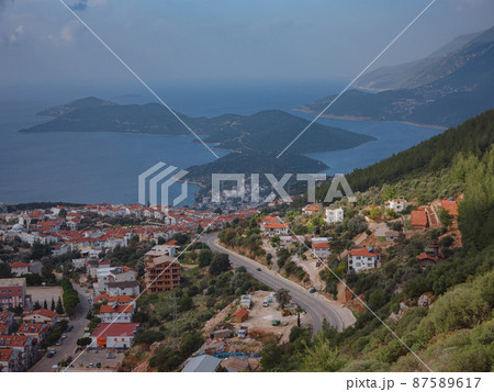 Harbour of city Kas or Kash in Turkey and Greek island Kastelorizo Harbour of city Kas or Kash in Turkey and Greek island Kastelorizo 87589617
