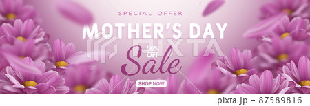Special offer. Mother's day sale banner with realistic chrysanthemum flowers and advertising discount text decoration. Vector illustration 87589816