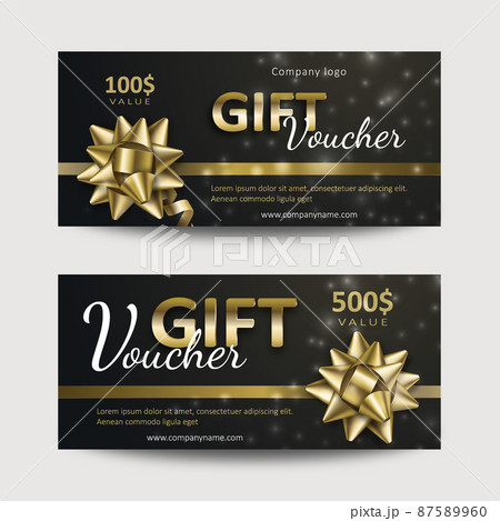Set of gift vouchers with golden ribbons and bows. Template for a festive gift coupon, invitation and certificate. Vector Illustration Set of gift vouchers with golden ribbons and bows. Template for a festive gift coupon, invitation and certificate. Vector Illustration 87589960