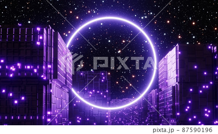 3d render of neon and light glowing on dark scene. Cyber punk night city concept. Night life. Technology network for 5g. Beyond generation and futuristic scene. Sci- fi pattern theme. 87590196