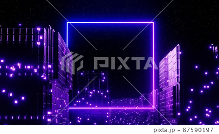 3d render of neon and light glowing on dark scene. Cyber punk night city concept. Night life. Technology network for 5g. Beyond generation and futuristic scene. Sci- fi pattern theme. 87590197