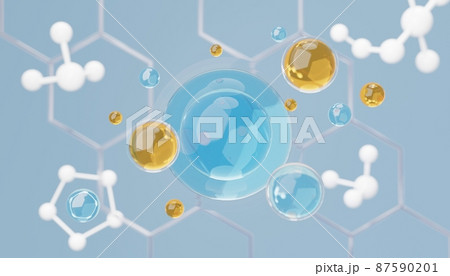 3d render of simple chemical bond in side cell or molecules. The associated of atoms, ions, bond and molecules. Liquid drop bubble background. Covalent bond. Biochemical interaction. 87590201