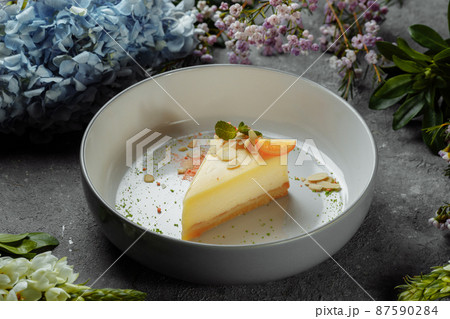 New York cheesecake or classic cheesecake with fresh berries on white plate, wooden table background and copy space for text New York cheesecake or classic cheesecake with fresh berries on white plate, wooden table background and copy space for text 87590284