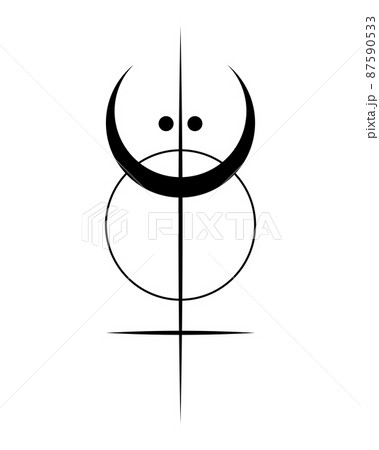 Sacred Geometry, black tattoo logo with sun, crescent moon, alchemy esoteric cross, mystical magic celestial talisman. Spiritual occultism object vector illustration isolated on white background 87590533