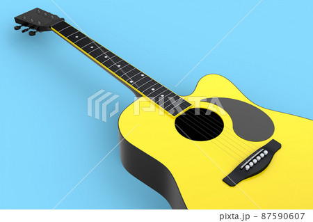 Close-up of acoustic guitar isolated on blue background. 3d render of concept for rock festival poster with spanish guitar for music shop 87590607