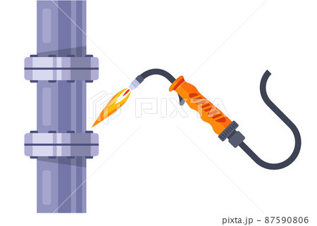 welding machine repairs an iron pipe. 87590806