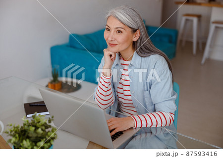 Smiling woman working on laptop at home 87593416