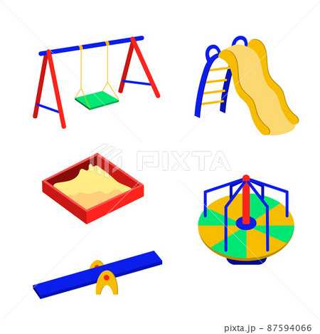 A set of equipment for a park playground for children's games. Slide, swing, carousel, sandbox. Vector 87594066