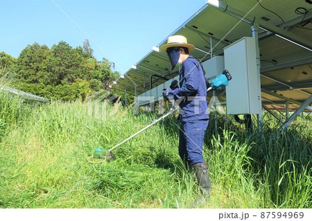 太陽光発電所の除草作業 草刈りをする男性 太陽光発電所の除草作業 草刈りをする男性 87594969