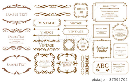 春の植物モチーフのフレームセット。ビンテージフラワー。装飾デザイン。流行りのあしらい 87595702