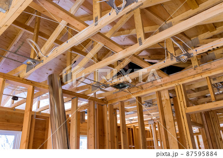 Framing of beams stick built house on new home under construction Framing of beams stick built house on new home under construction 87595884