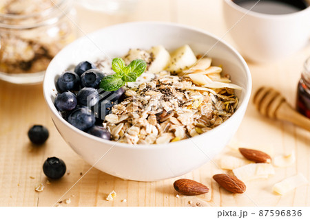 Healthy breakfast with yogurt, granola and fresh blueberries. 87596836