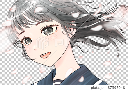 横向きの女学生のカラーイラスト 輪郭 黒色 瞳 黒色 髪 黒色 背景無しのイラスト素材