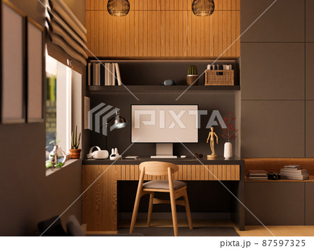 Modern home workstation interior design with built-in furniture, PC computer Modern home workstation interior design with built-in furniture, PC computer 87597325