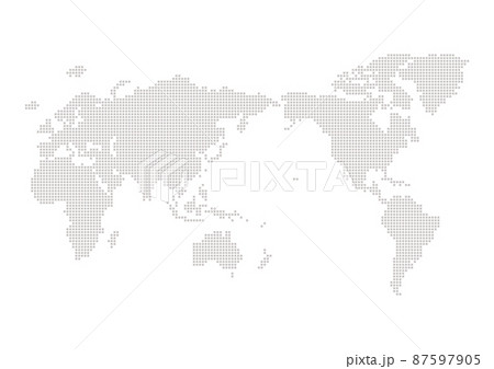 日本を中心に描いたグレーの世界地図 - シンプルな四角いドットのワールドマップ 87597905