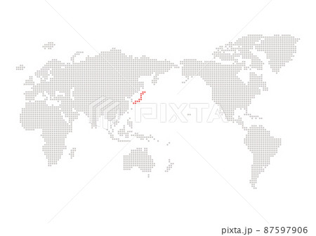 赤い色で区別した日本とグレーの世界地図 - シンプルな四角いドットのワールドマップ 87597906