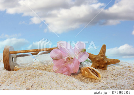 Broken Hourglass With Sea Shells and Flower on Beach Broken Hourglass With Sea Shells and Flower on Beach 87599205