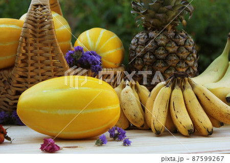 Fresh Fruit and Vegetables for Sale at Farmers Market Bananas and Miniature Bananas 87599267